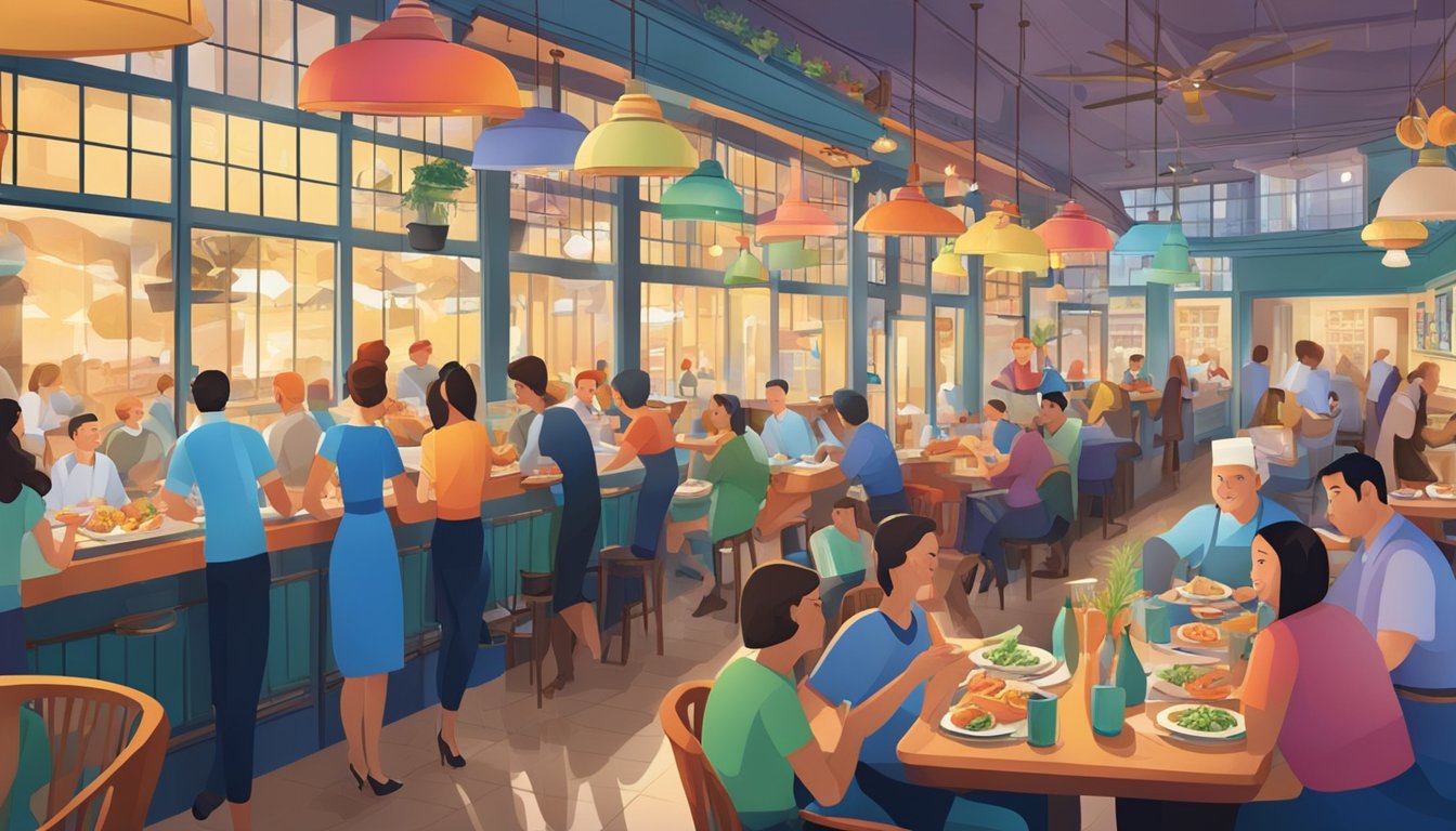 A bustling seafood restaurant with colorful dishes, bustling waitstaff, and happy customers enjoying their meals