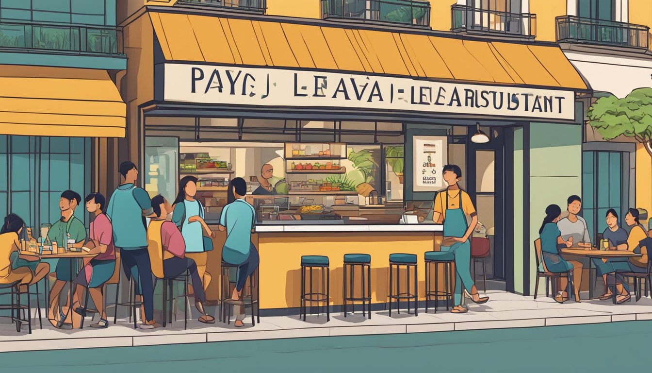Customers lining up outside a vibrant restaurant with a sign that reads "Frequently Asked Questions Paya Lebar Restaurant." Outdoor seating and a bustling atmosphere