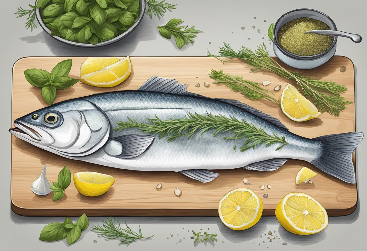 A whole haddock fish lies on a cutting board surrounded by fresh herbs, lemon slices, and a bowl of seasoning