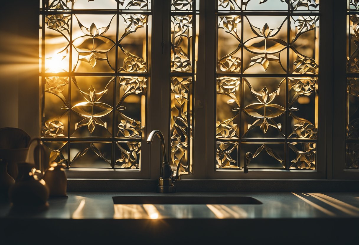The sunlight streams through the kitchen window, casting a warm glow on the glass design. The intricate patterns create a beautiful play of light and shadow