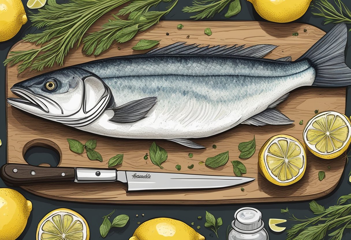 A haddock fish lies on a cutting board surrounded by ingredients like lemon, herbs, and spices. A chef's knife is poised to fillet the fish