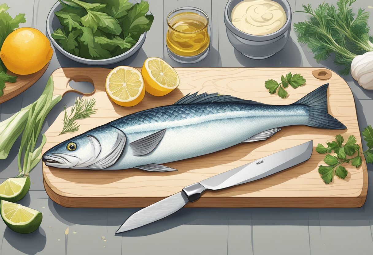 A haddock fish being prepared with various ingredients, a chef's knife, and a cutting board in a well-lit kitchen