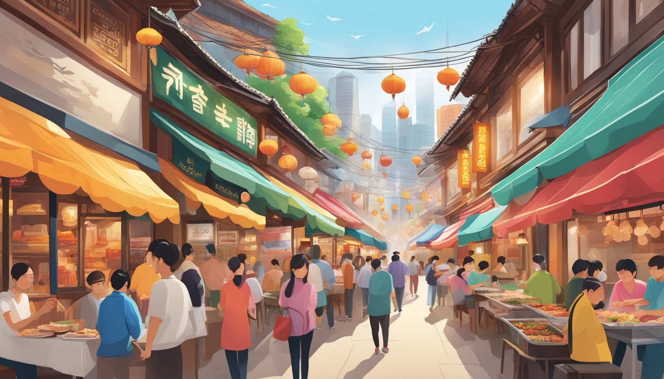 A bustling street lined with colorful food stalls and bustling restaurants, offering a tantalizing array of Korean cuisine, from sizzling barbecue to steaming bowls of spicy noodles