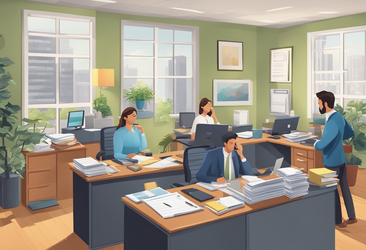 A busy real estate office with agents meeting, paperwork stacked high, phones ringing, and a calendar with appointments