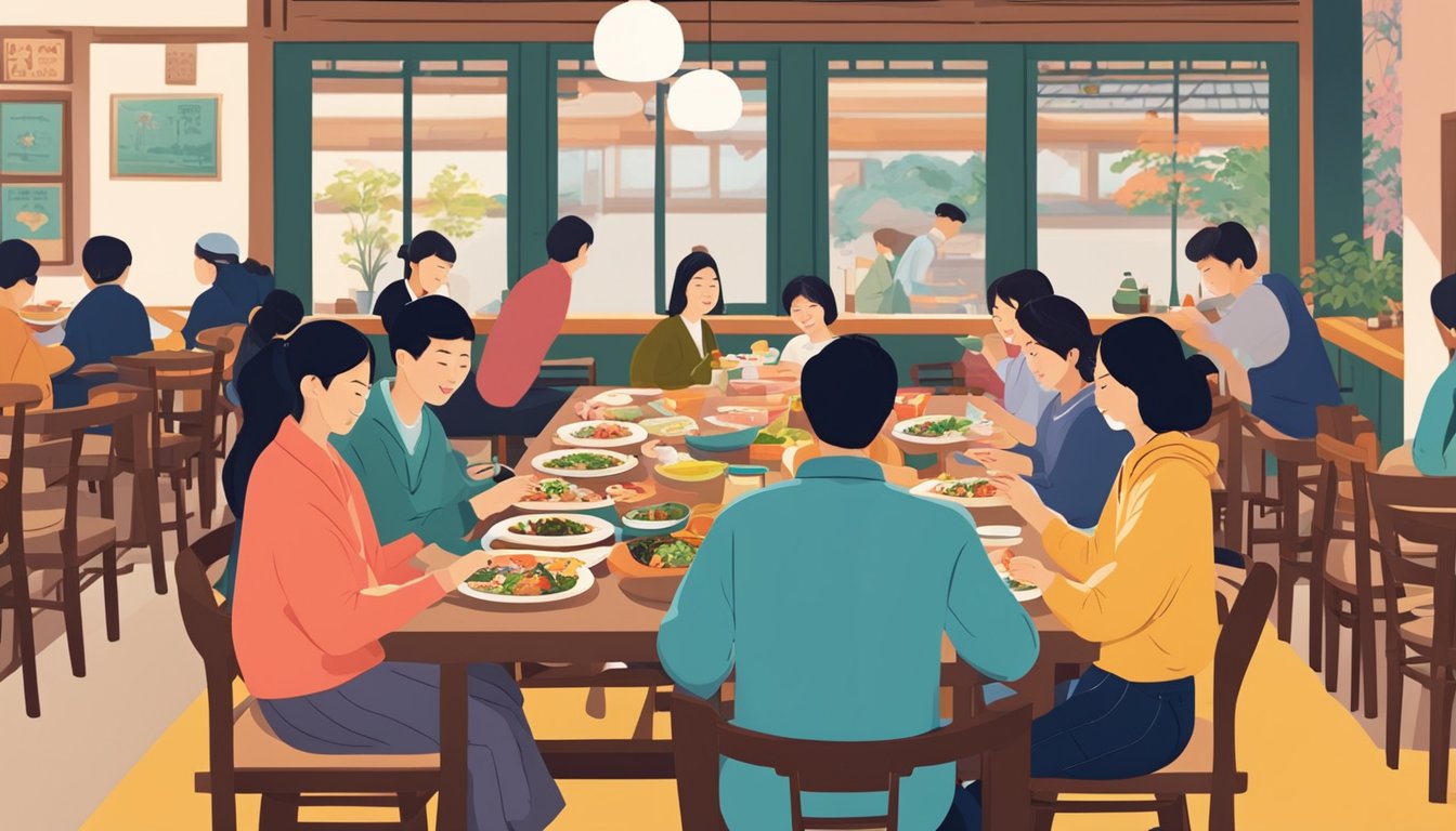 Customers seated at tables, enjoying traditional Korean dishes in a cozy Seoul restaurant. Brightly colored dishes and vibrant decor create an inviting atmosphere