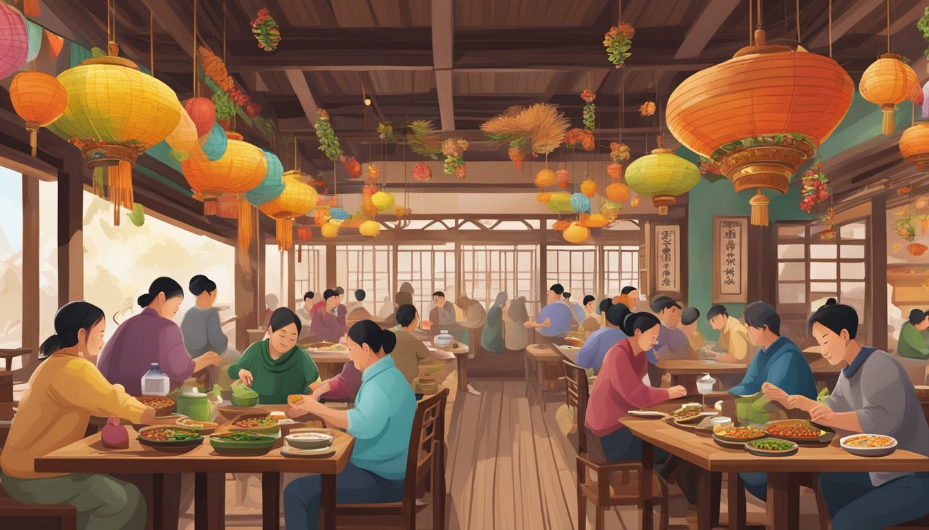 A bustling Yunnan restaurant with colorful decor, steaming woks, and aromatic spices filling the air. Patrons enjoy traditional dishes at wooden tables