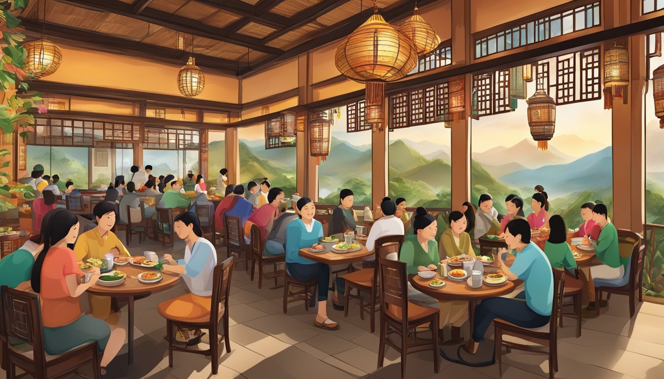 A bustling Yunnan restaurant with colorful decor and a welcoming atmosphere, featuring a variety of traditional dishes and a diverse clientele