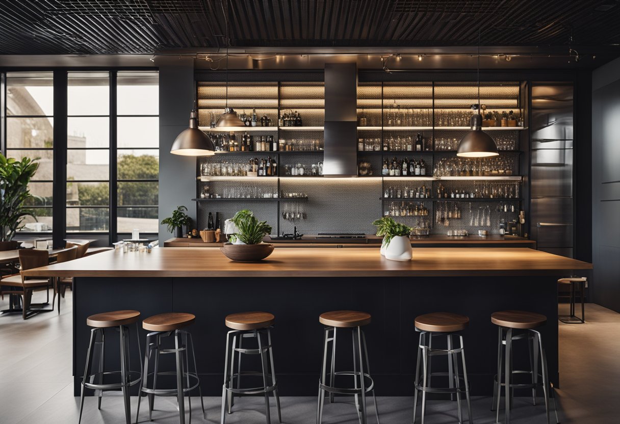 A sleek, modern bar table sits in the center of a spacious kitchen, surrounded by high stools and illuminated by pendant lights