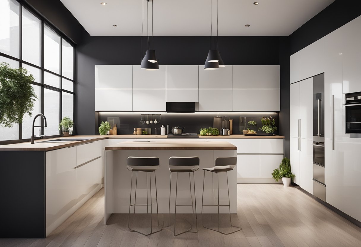 A modern kitchen with a sleek PVC door design, featuring clean lines and a minimalist aesthetic