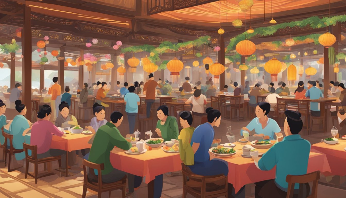 A bustling Yunnan restaurant with colorful decor, steaming plates of food, and a lively atmosphere. Tables are filled with diners enjoying their meals