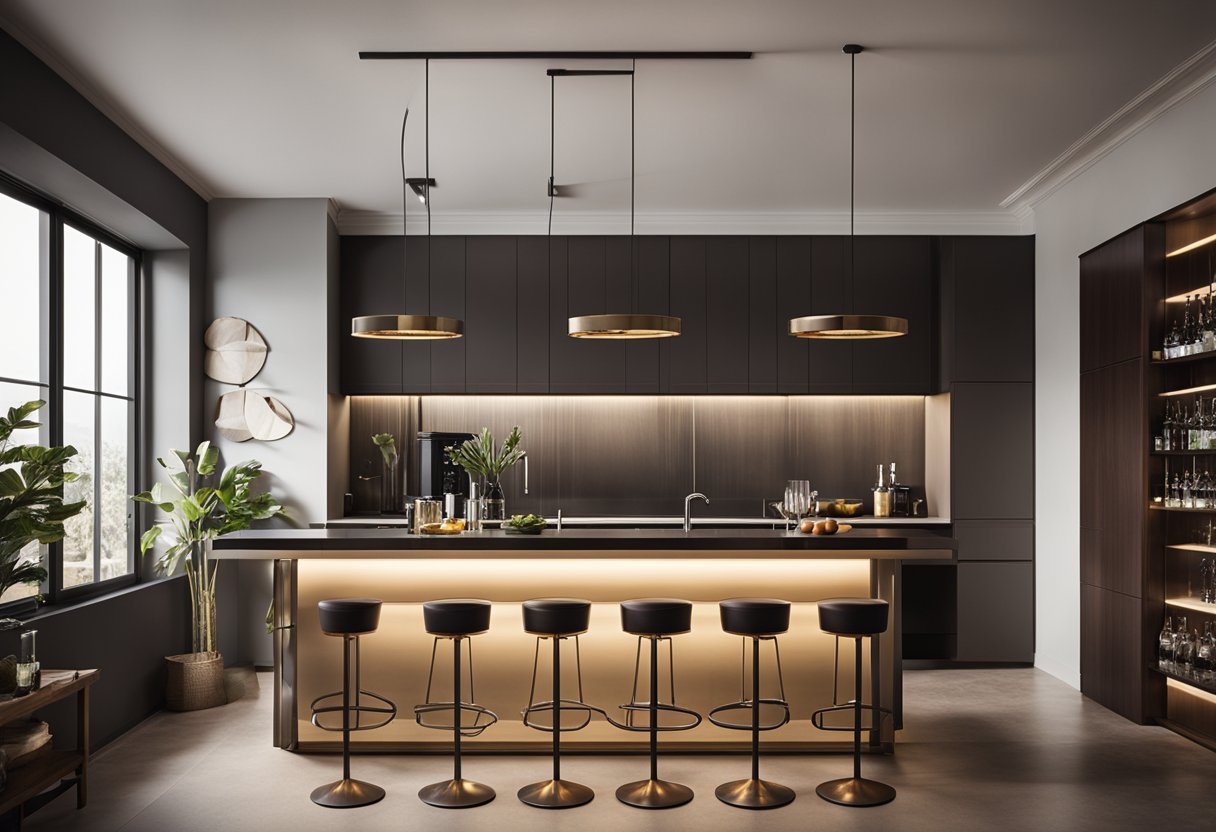 A sleek, modern bar table sits in the center of a spacious kitchen, surrounded by high stools. The table's smooth, polished surface reflects the warm glow of pendant lights overhead