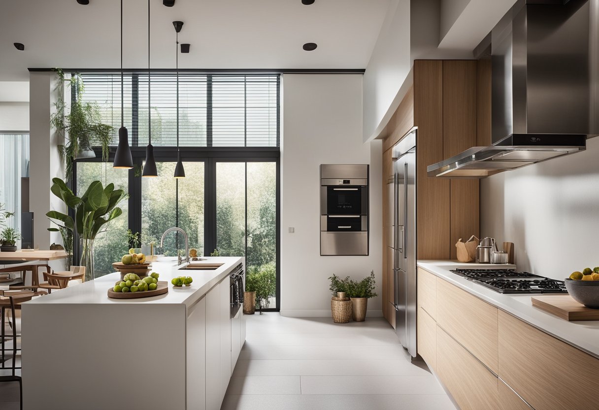 A modern kitchen with sleek PVC door designs, featuring clean lines and minimalist hardware. Bright, natural light floods the space, highlighting the contemporary aesthetic