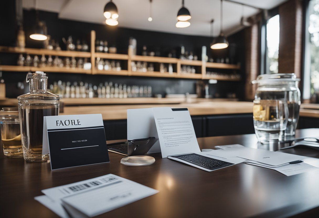 A sleek, modern bar table sits in a spacious kitchen, surrounded by high stools. The table is adorned with neatly arranged FAQ cards and a small stack of informational pamphlets