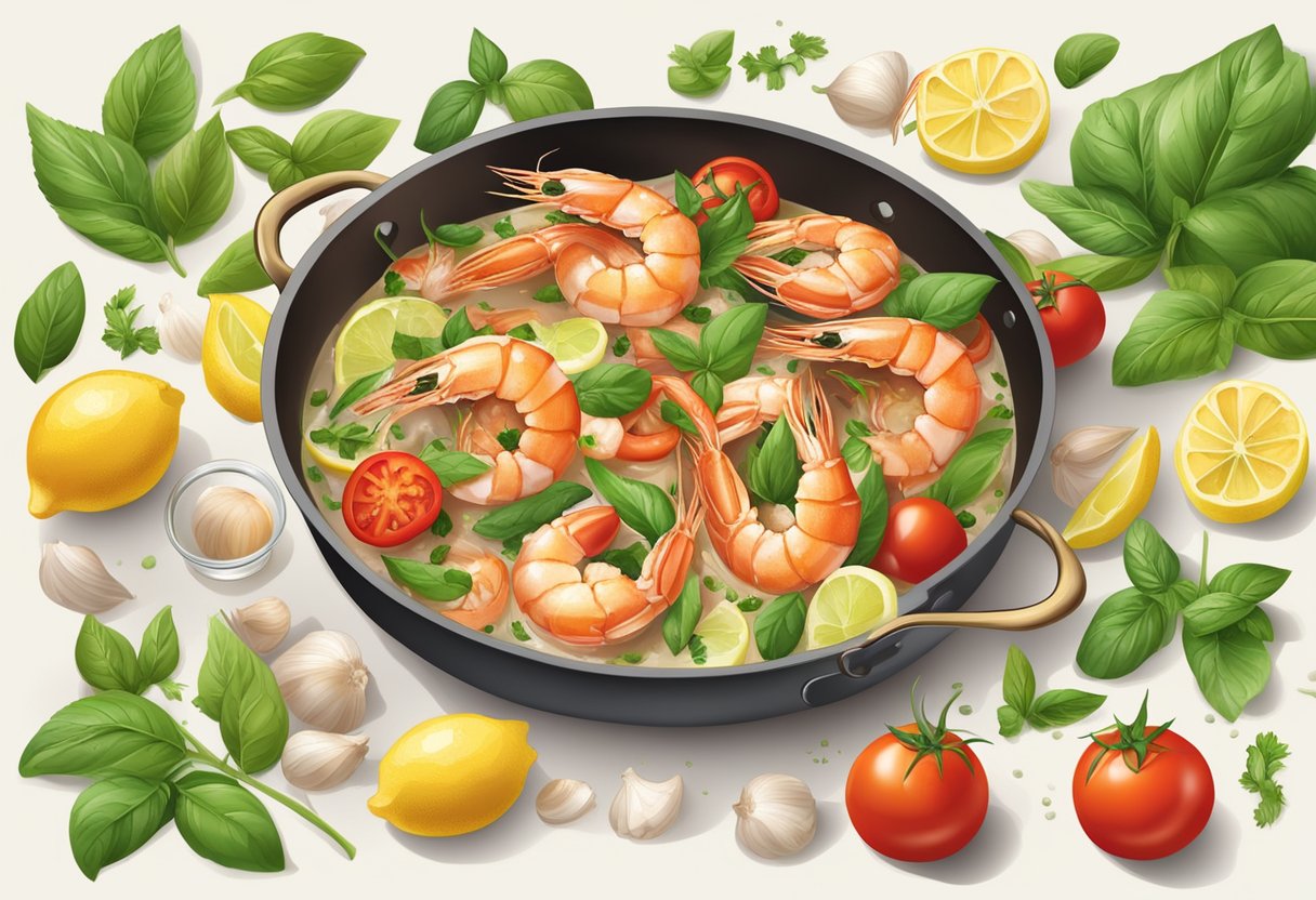 A sizzling pan of prawns in a fragrant garlic and herb sauce, surrounded by vibrant, fresh ingredients like tomatoes, basil, and lemon slices
