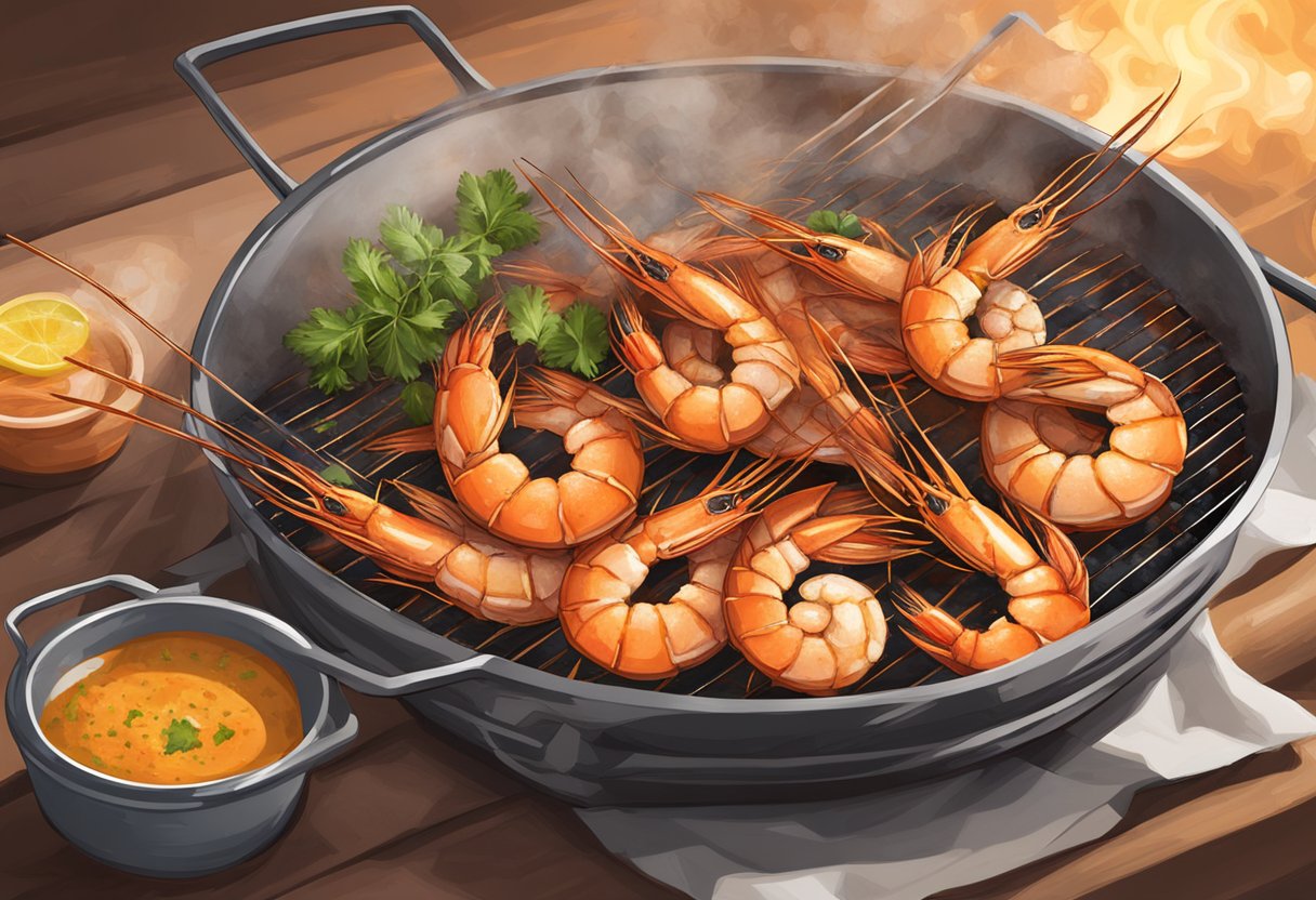 Prawns being marinated in a mixture of herbs and spices, then grilled to perfection over an open flame