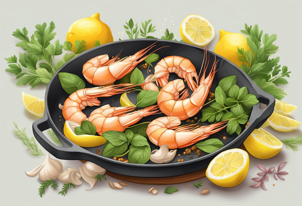 A sizzling pan of garlic-infused prawns, surrounded by vibrant herbs and spices, with a stack of freshly sliced lemons in the background