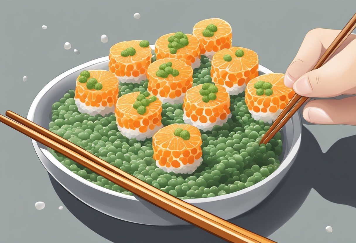 A pair of chopsticks picking up a glistening pile of orange fish roe from a ceramic dish, with a small dollop of wasabi on the side