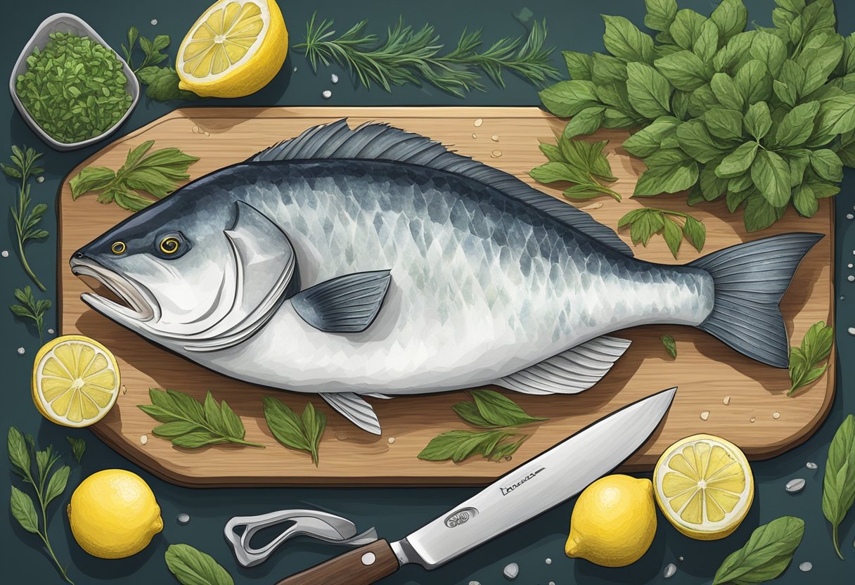 A halibut fish lies on a cutting board, surrounded by fresh herbs and lemon slices. A chef's knife is poised to fillet the fish