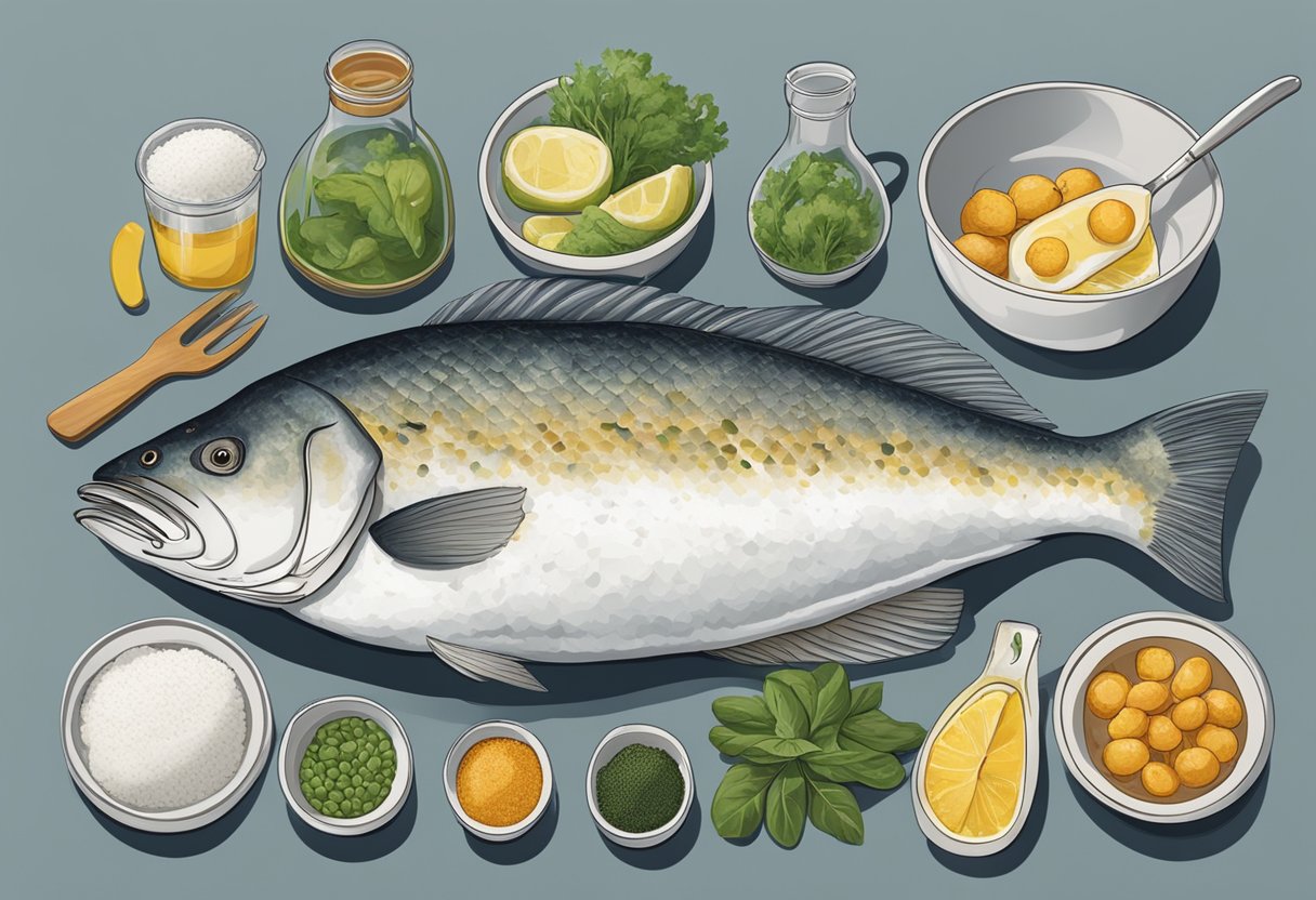 A halibut fish being prepared with various ingredients and utensils laid out on a clean kitchen counter