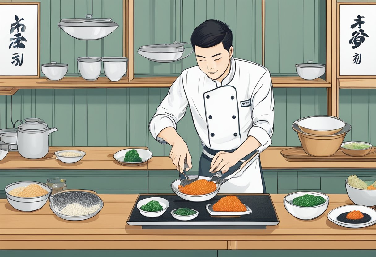 A chef prepares and serves Japanese fish roe dish
