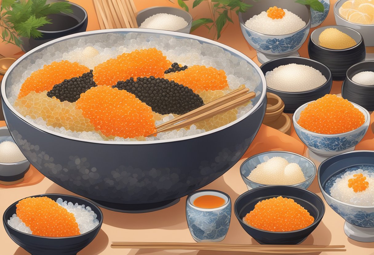 A bowl filled with glistening, orange fish roe, surrounded by traditional Japanese ingredients and utensils