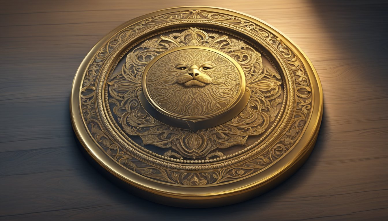 A golden seal with intricate designs lies on a table, symbolizing a guarantee. A shadow of a figure looms over it, representing the guarantor's presence