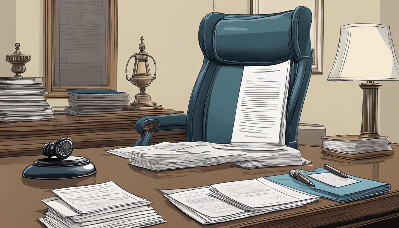 The empty chair at a lawyer's desk, with a framed photo of the deceased guarantor, and a stack of legal documents representing the guarantees left behind