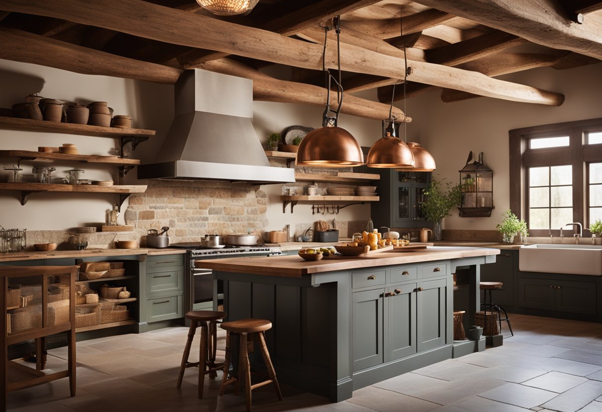A rustic kitchen with wooden beams, stone walls, and a farmhouse sink. A large, open fireplace is the focal point, with copper pots hanging above
