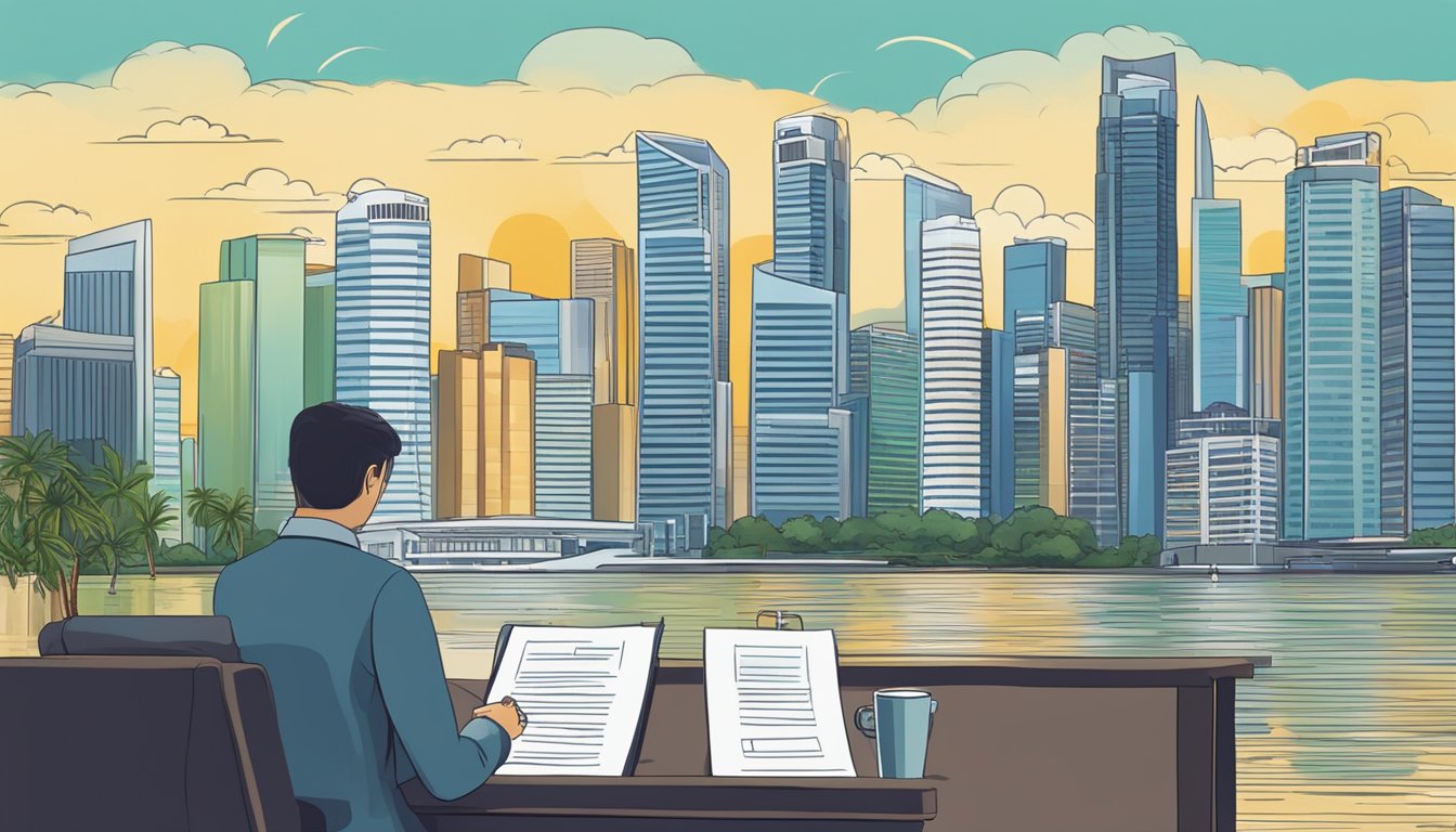 The scene depicts a legal document with the title "Financial Implications for Creditors and Debtors: What Happens to a Guarantee When the Guarantor Dies?" set against a backdrop of the Singapore skyline