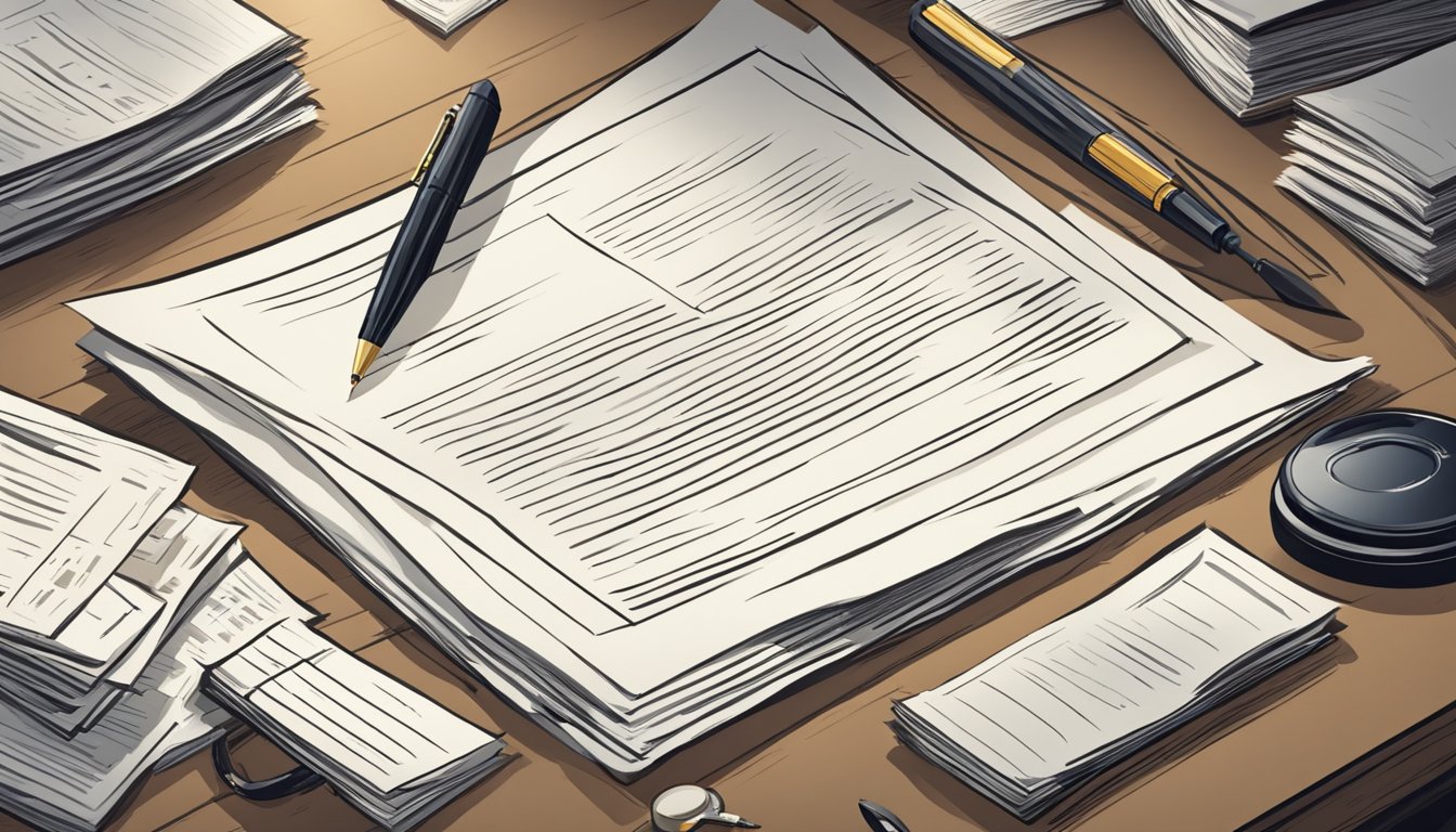 A guarantee document lies on a desk, surrounded by legal papers and a pen. A somber atmosphere fills the room, as if the weight of the question hangs in the air
