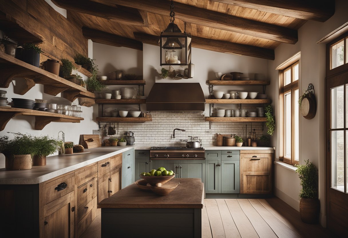 A cozy kitchen with distressed wood cabinets, vintage farmhouse sink, and exposed ceiling beams exuding rustic charm