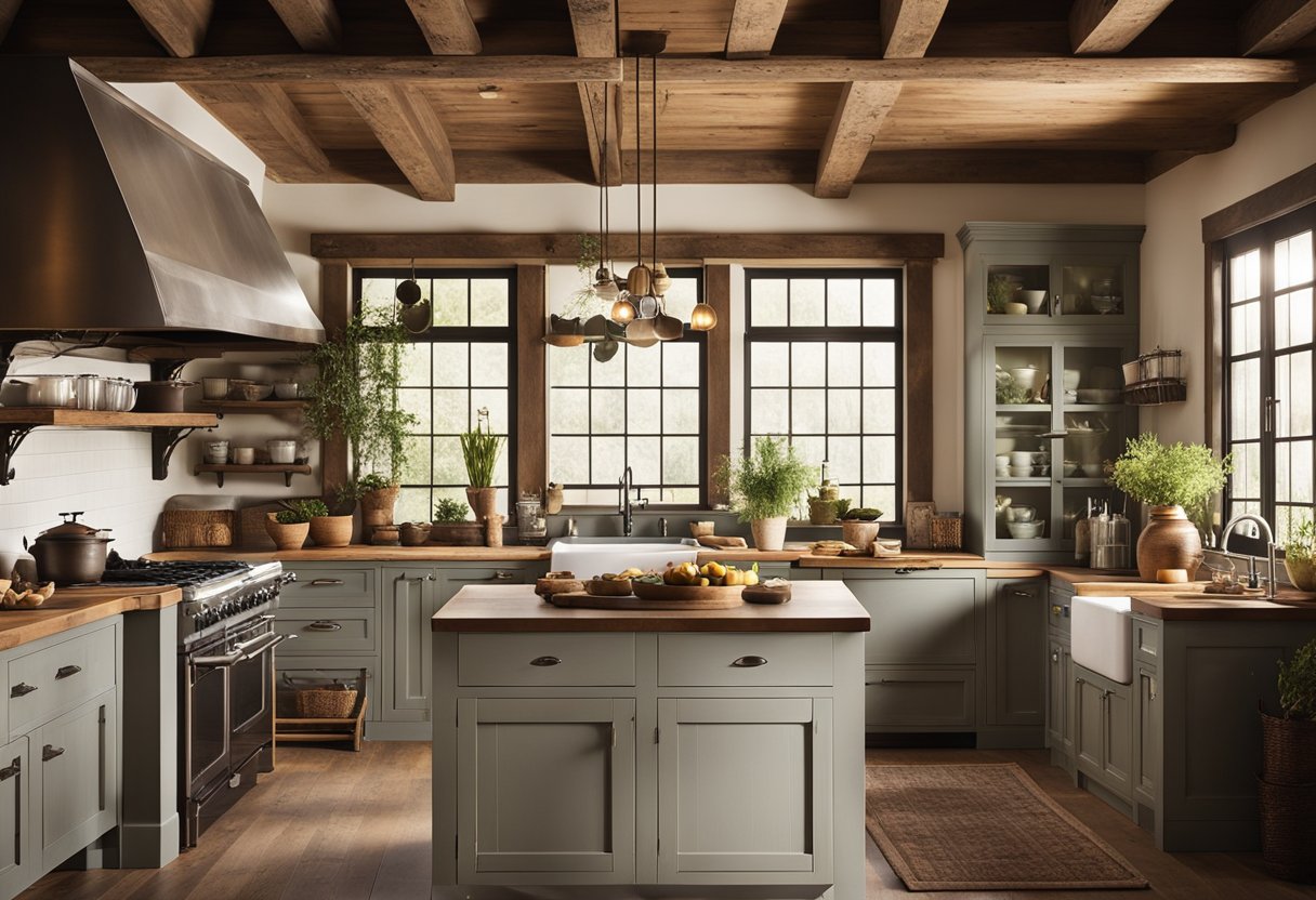 A spacious, open kitchen with distressed wood cabinetry, exposed ceiling beams, and a large farmhouse sink. A vintage stove and rustic decor complete the cozy, inviting atmosphere