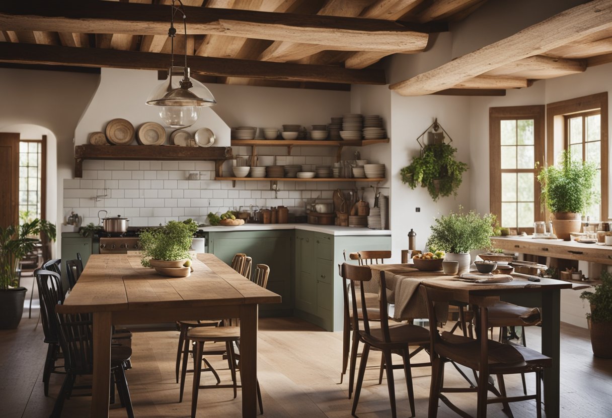 A cozy kitchen with wooden beams, open shelving, vintage cookware, and a farmhouse sink. A large rustic dining table sits in the center, surrounded by mismatched chairs