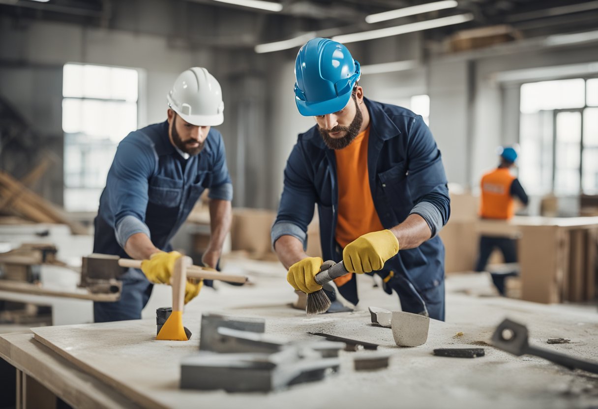 A team of workers are busy renovating an office space, measuring, hammering, and painting to complete the project on time