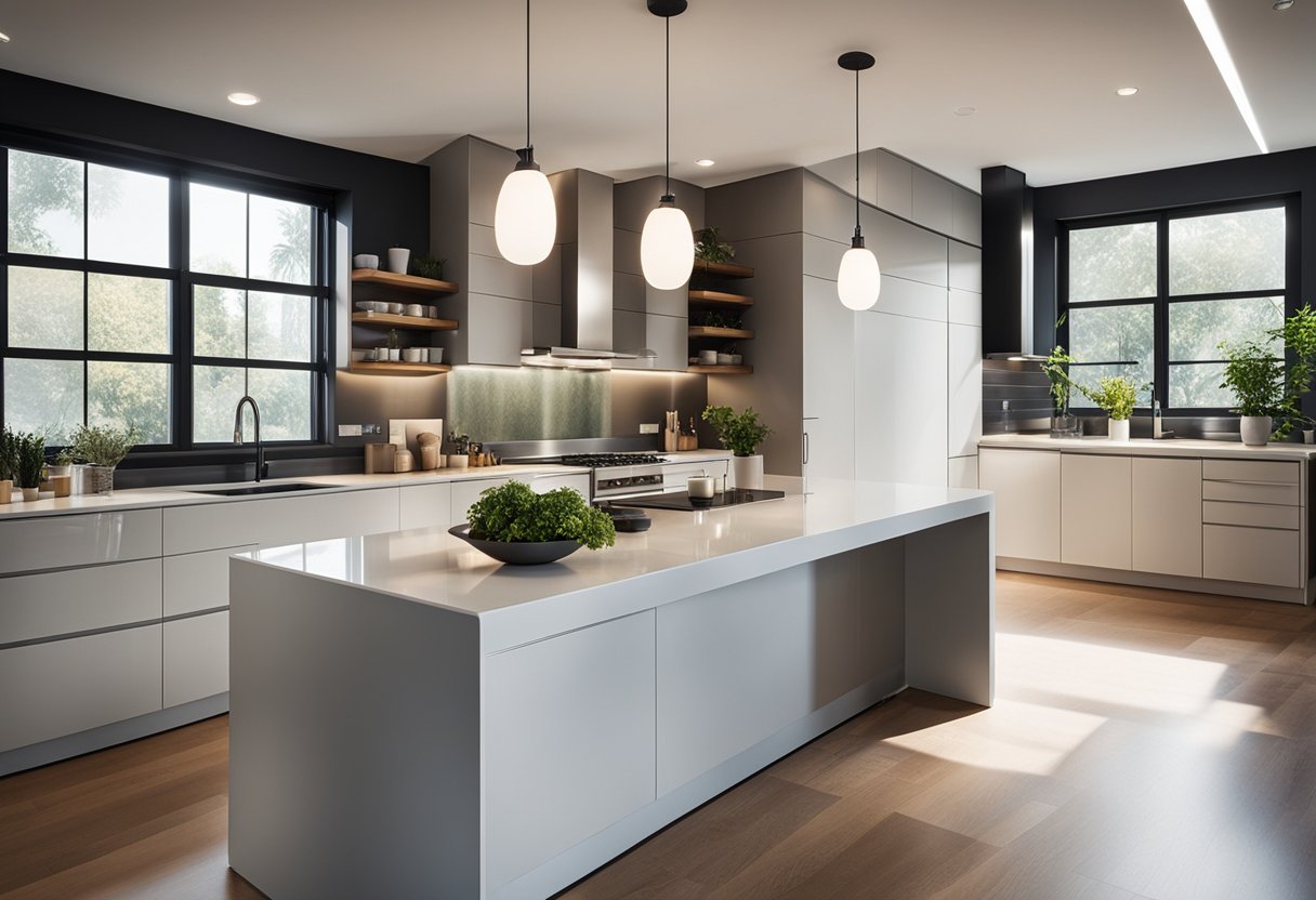 A clean, organized kitchen with sleek countertops, modern appliances, and ample storage. Light streams in through a large window, illuminating the space
