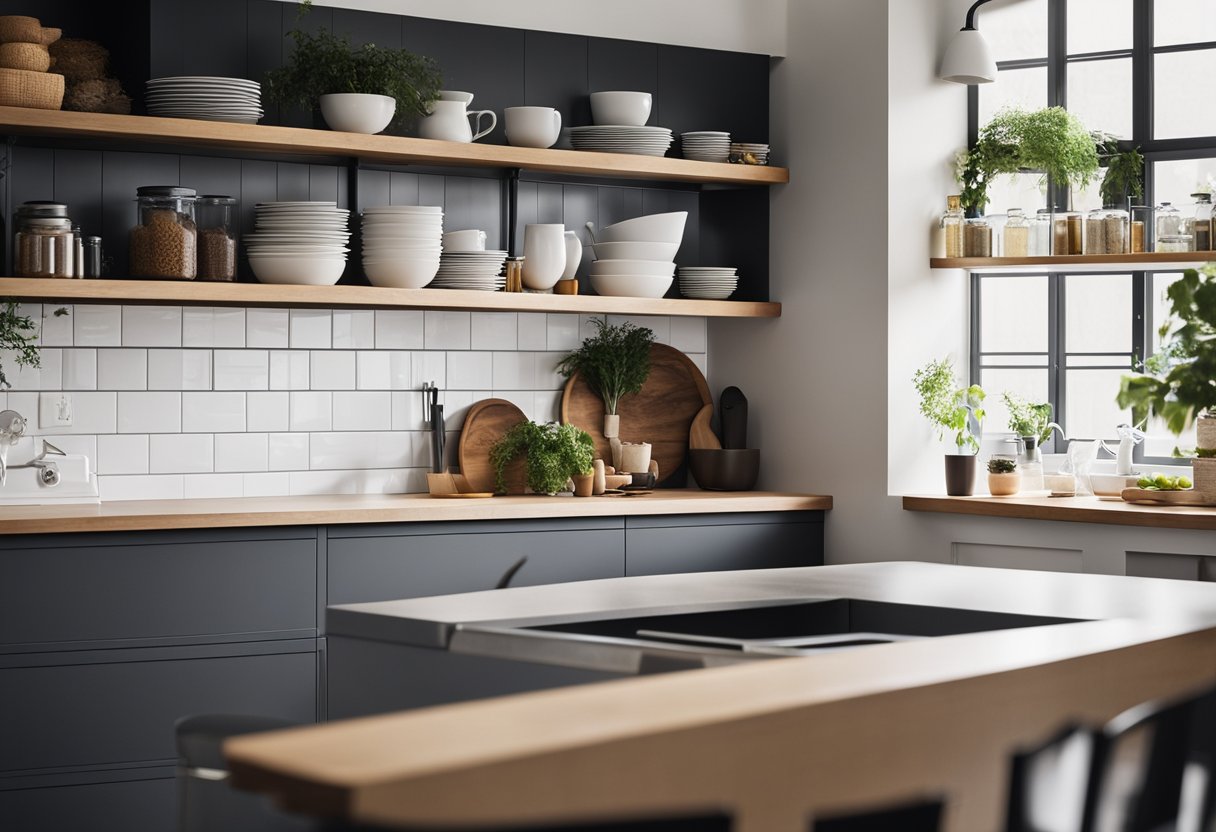 A clean, organized kitchen with minimalistic design. Open shelving, sleek countertops, and efficient storage solutions. Bright, natural lighting and a clutter-free workspace