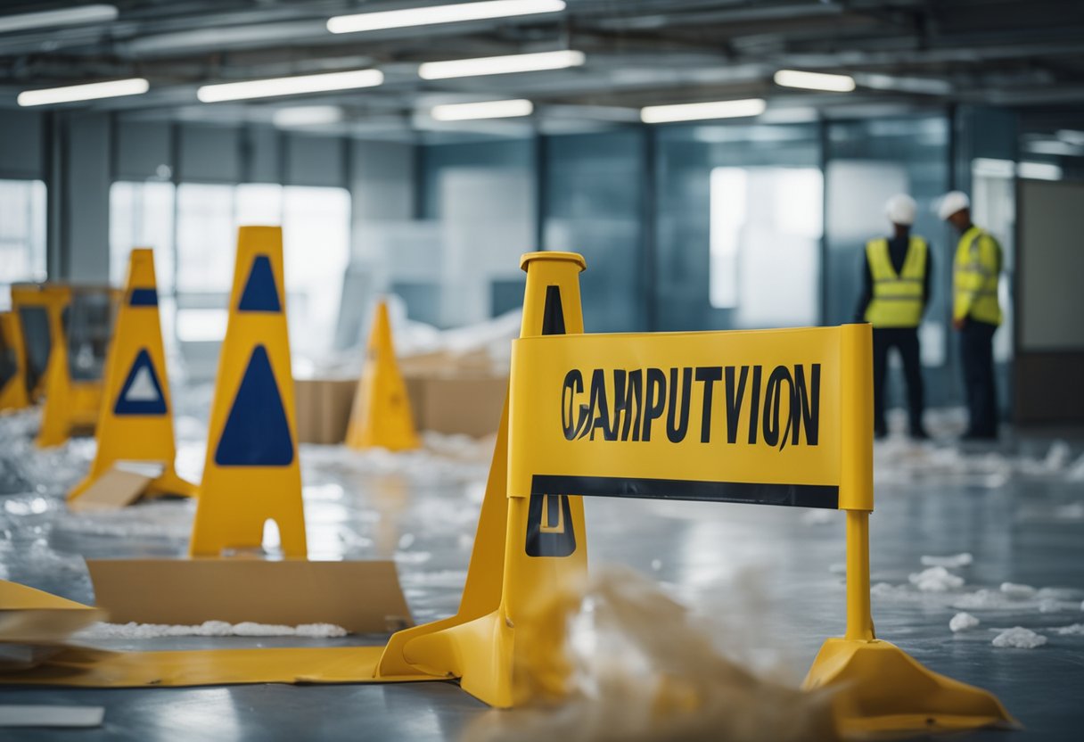 Furniture covered with protective plastic sheets, surrounded by caution signs and barriers during renovation