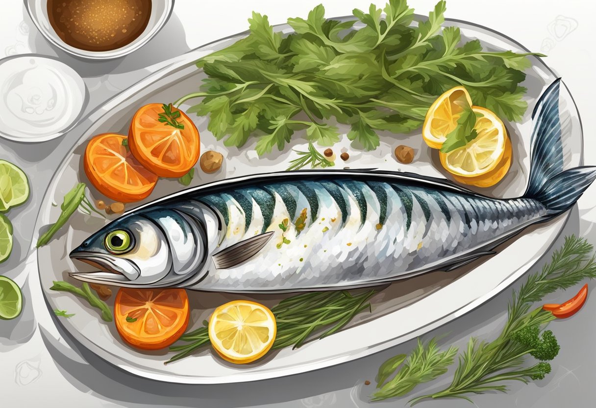 A mackerel fish being seasoned with herbs and spices, then grilled over an open flame until golden brown and served with a side of fresh vegetables