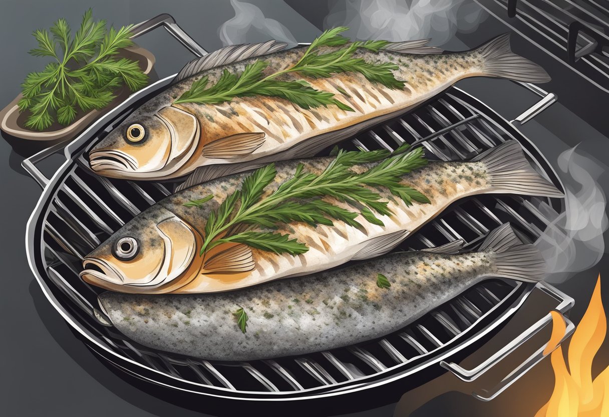 A mullet fish being seasoned with herbs and spices, then placed on a grill over hot coals, sizzling and releasing a mouthwatering aroma