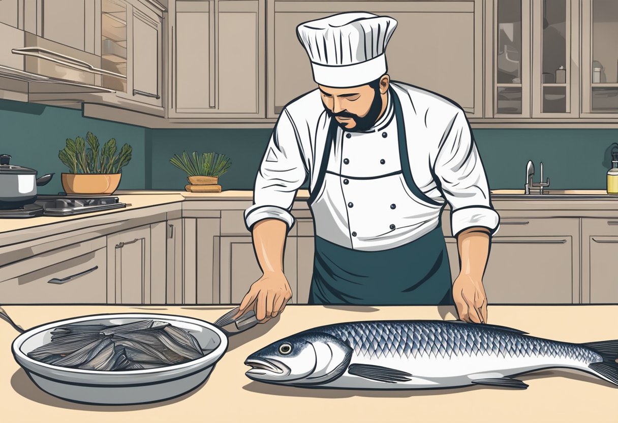 A chef selects and prepares fresh mullet fish for a recipe. Ingredients and utensils are laid out on a clean, organized kitchen counter