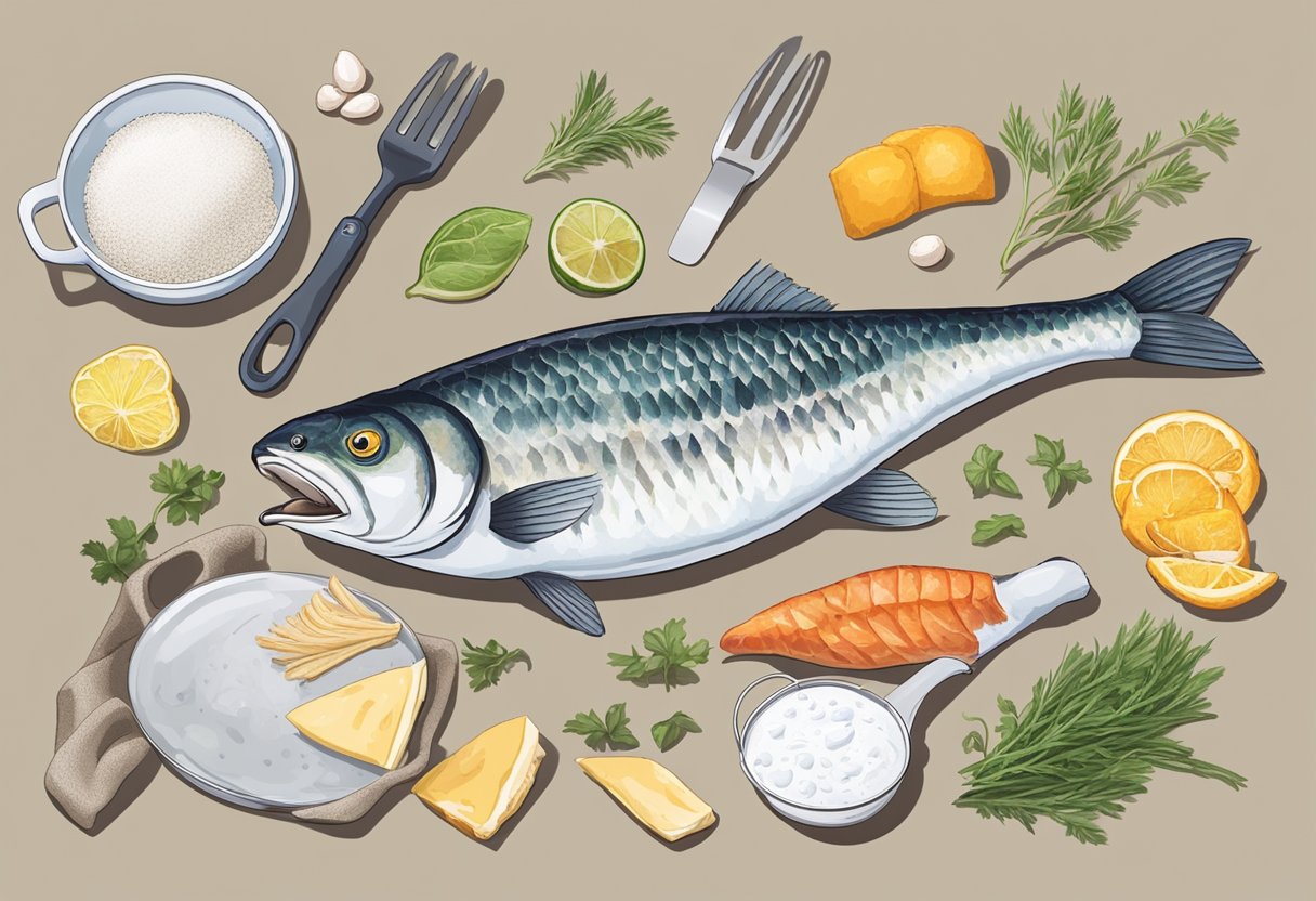 A mullet fish being prepared with various ingredients for a recipe, surrounded by cooking utensils and a recipe book open to "Frequently Asked Questions mullet fish recipe."