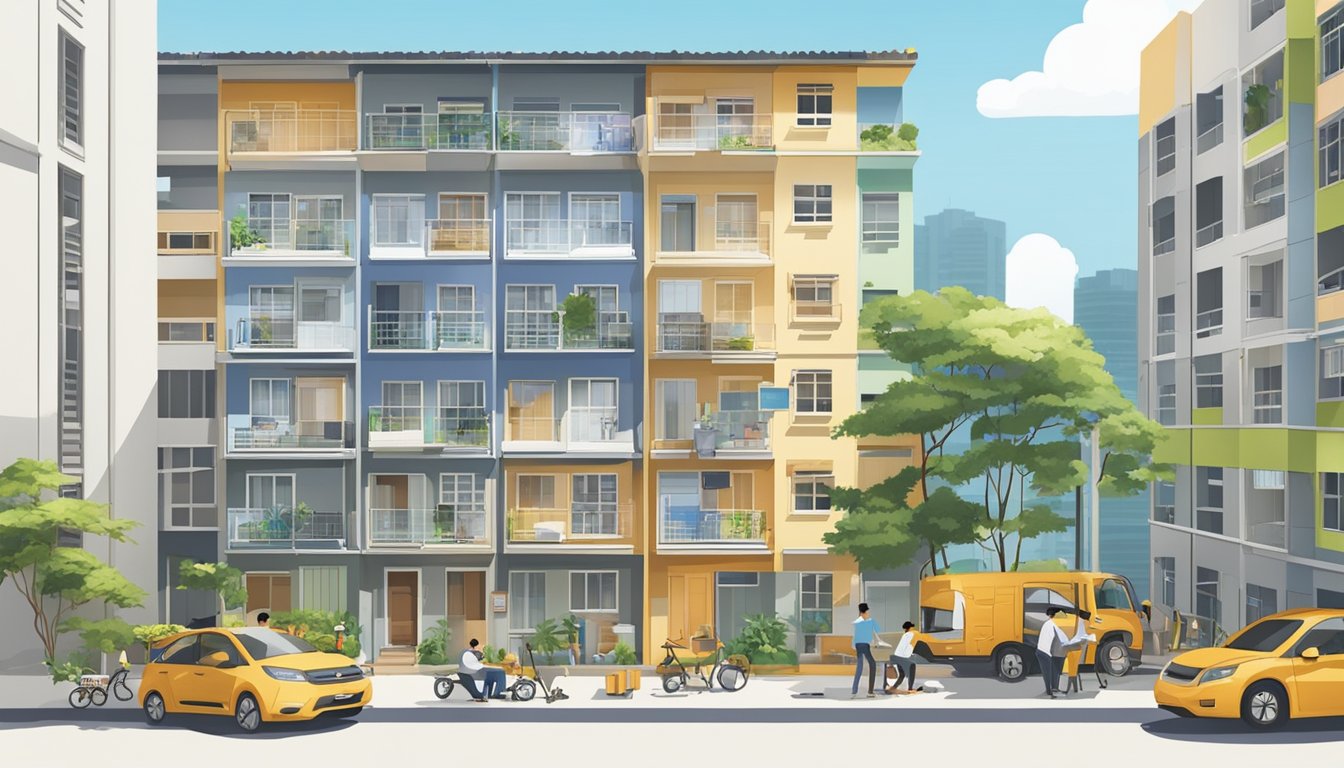 A sunny day in a Singapore neighborhood, with HDB flats in the background and workers installing new components as part of the Home Improvement Programme