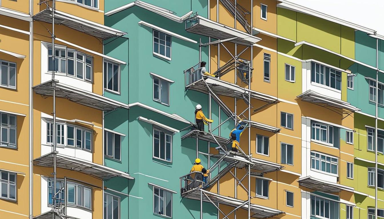A group of HDB flats undergoing renovation under the Home Improvement Programme in Singapore. Scaffolding surrounds the buildings as workers make improvements