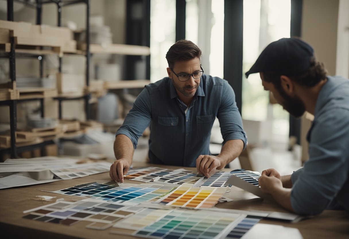 A renovation contractor and interior designer discuss plans in a room with paint swatches and floor samples scattered on a table