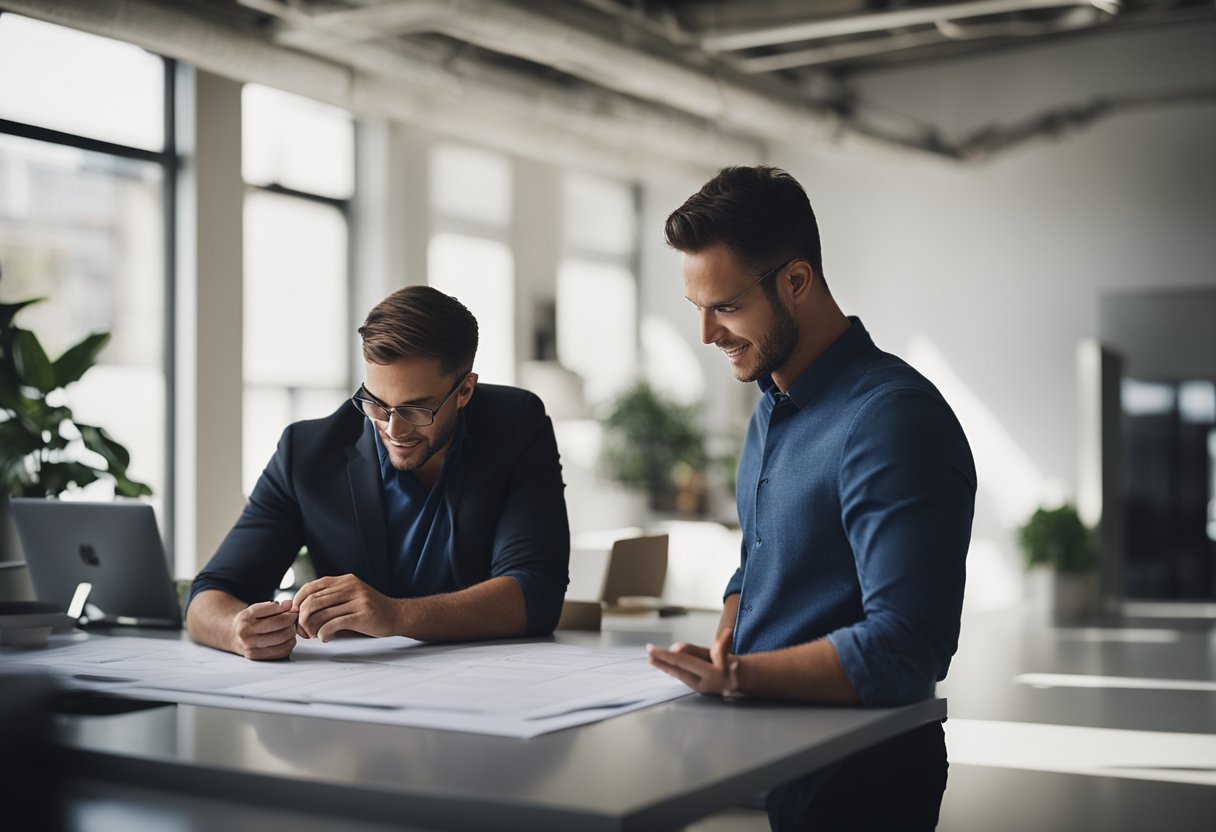 A renovation contractor and an interior designer discussing plans and blueprints in a modern, well-lit office space