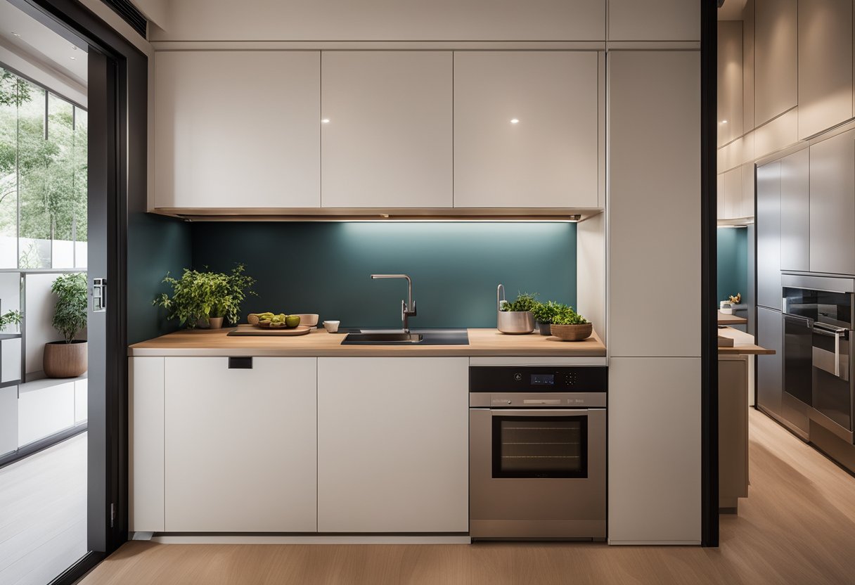 A compact Japanese kitchen with sliding doors, hidden storage, and foldable counters maximising space efficiency