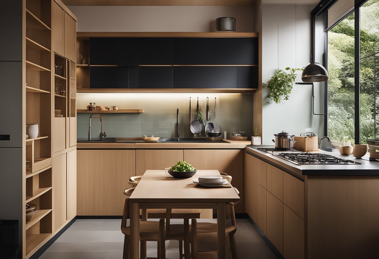 A cozy Japanese kitchen with minimalistic design, featuring low countertops, sliding doors, and efficient storage solutions