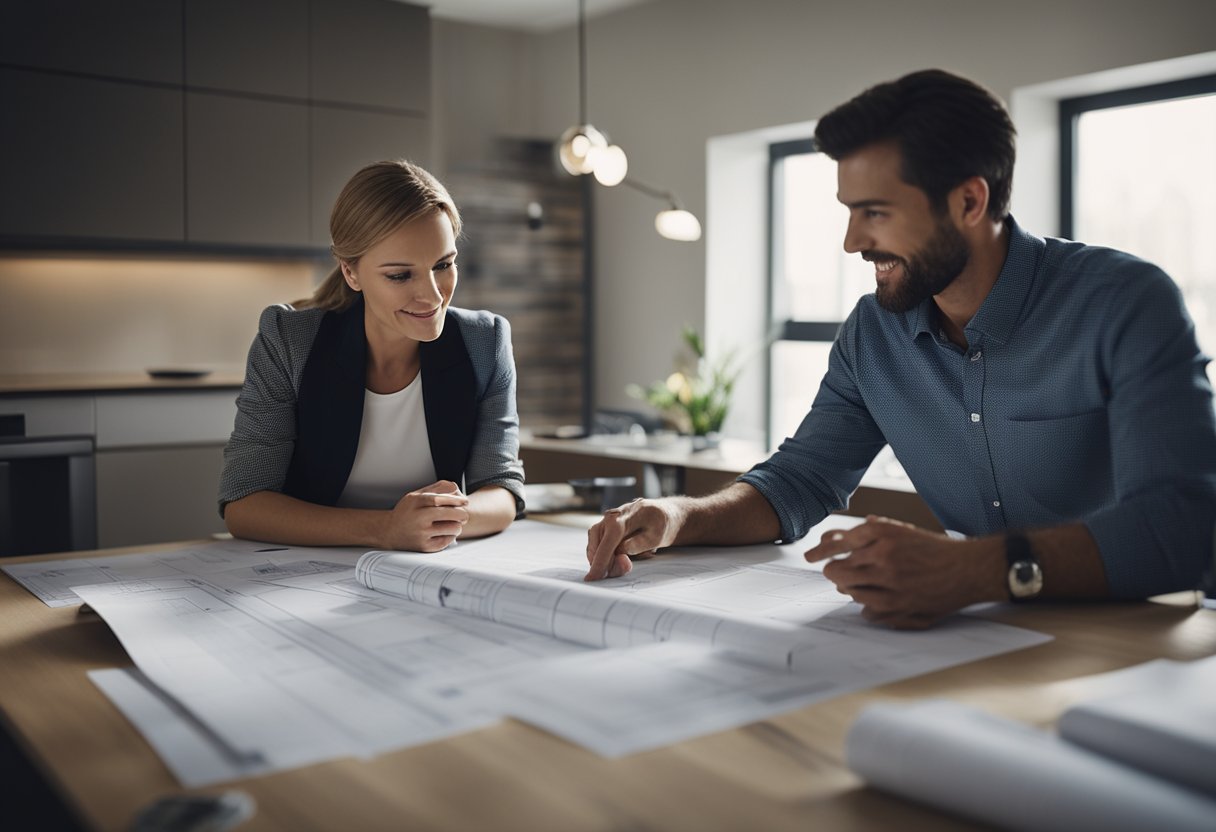 A renovation contractor and interior designer discuss plans in a room with blueprints and design samples spread out on a table