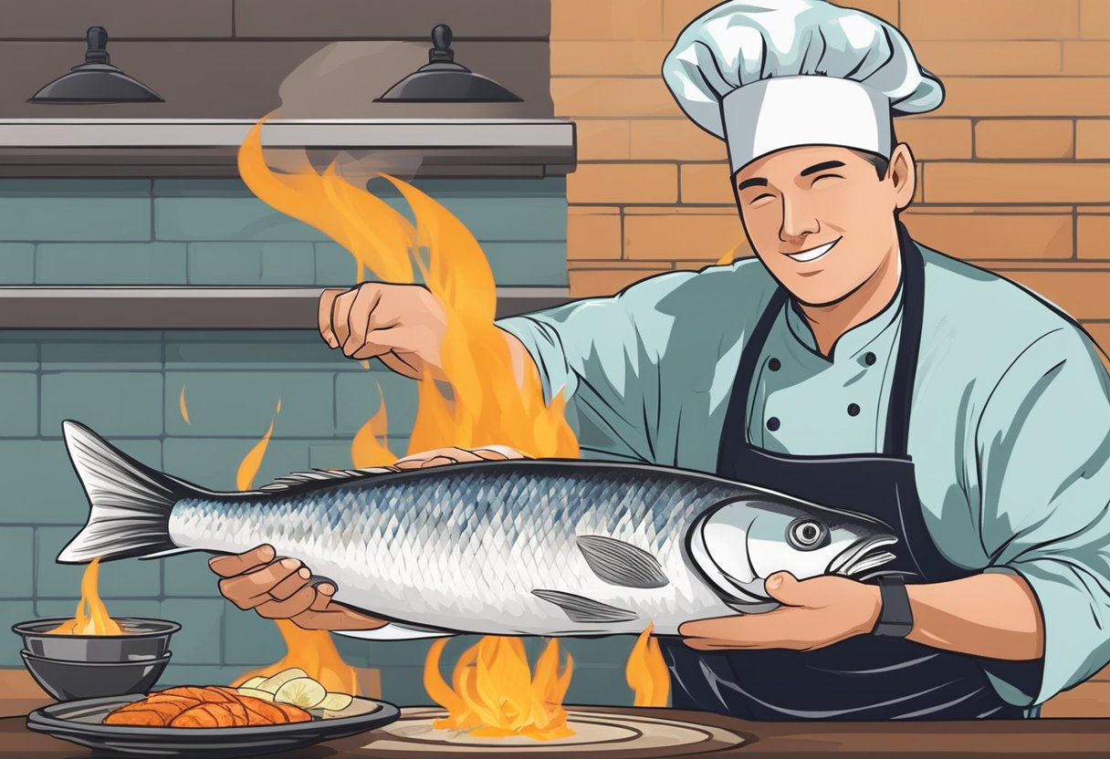 A chef seasons a pangasius fish fillet with herbs and spices before grilling it over an open flame
