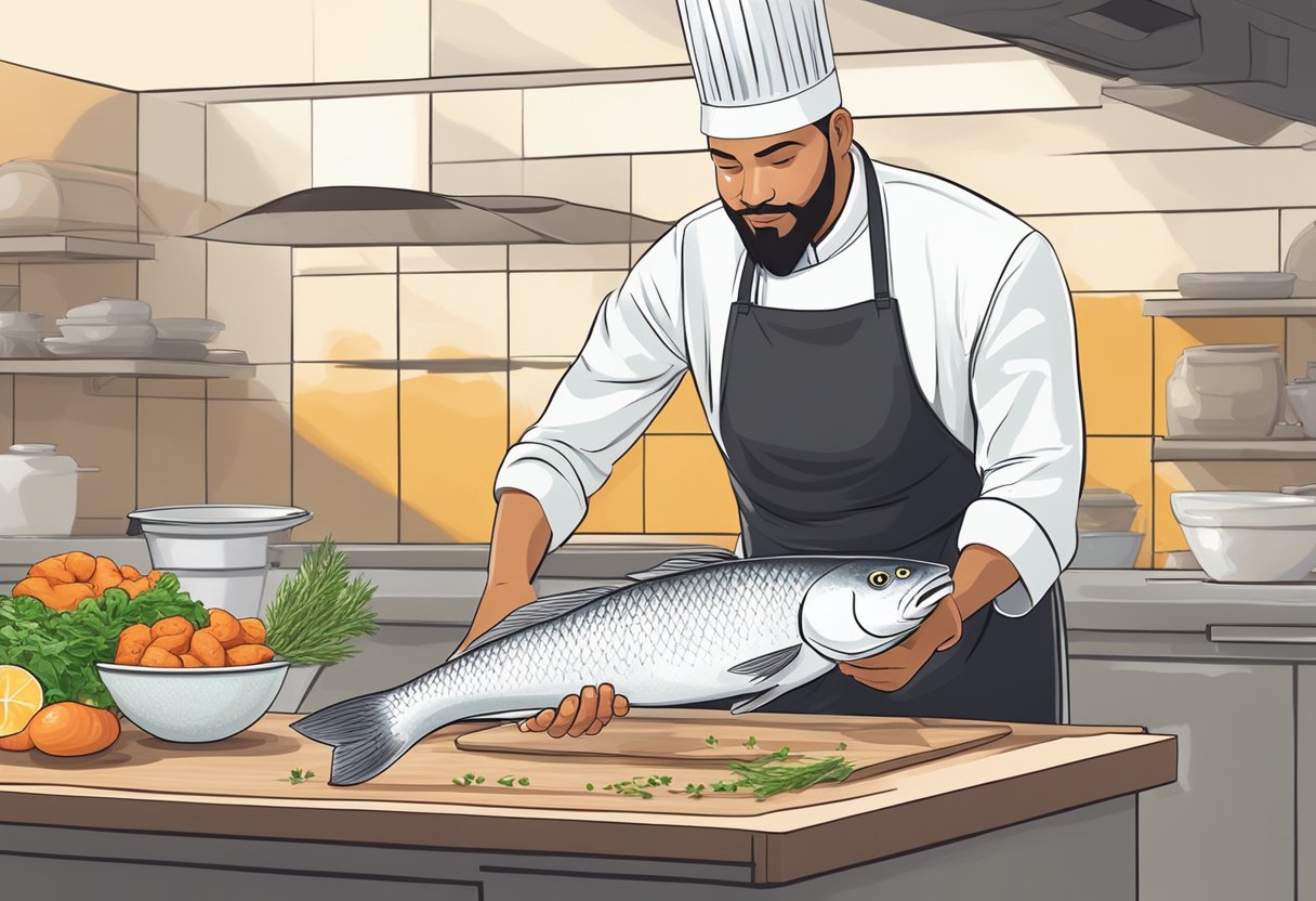 A chef seasons a pangasius fillet with herbs and spices before placing it on a hot skillet to sear